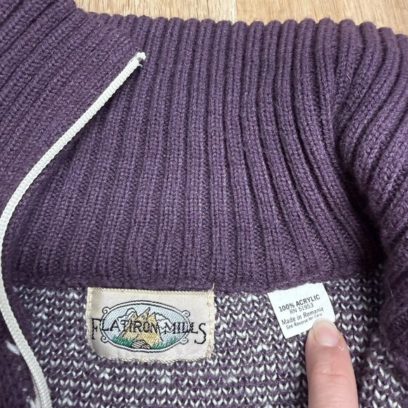 FLATIRON MILLS SWEATER VINTAGE KNIT FULL ZIP WOMENS M NORDIC CREAM PURPLE WINTER - Picture 4 of 9